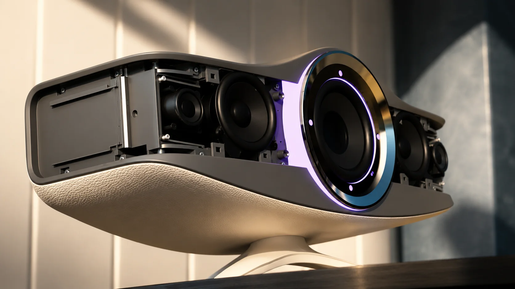 Side profile — proportion, material finish, internal drivers, and the illuminated ring begin to explain the product.