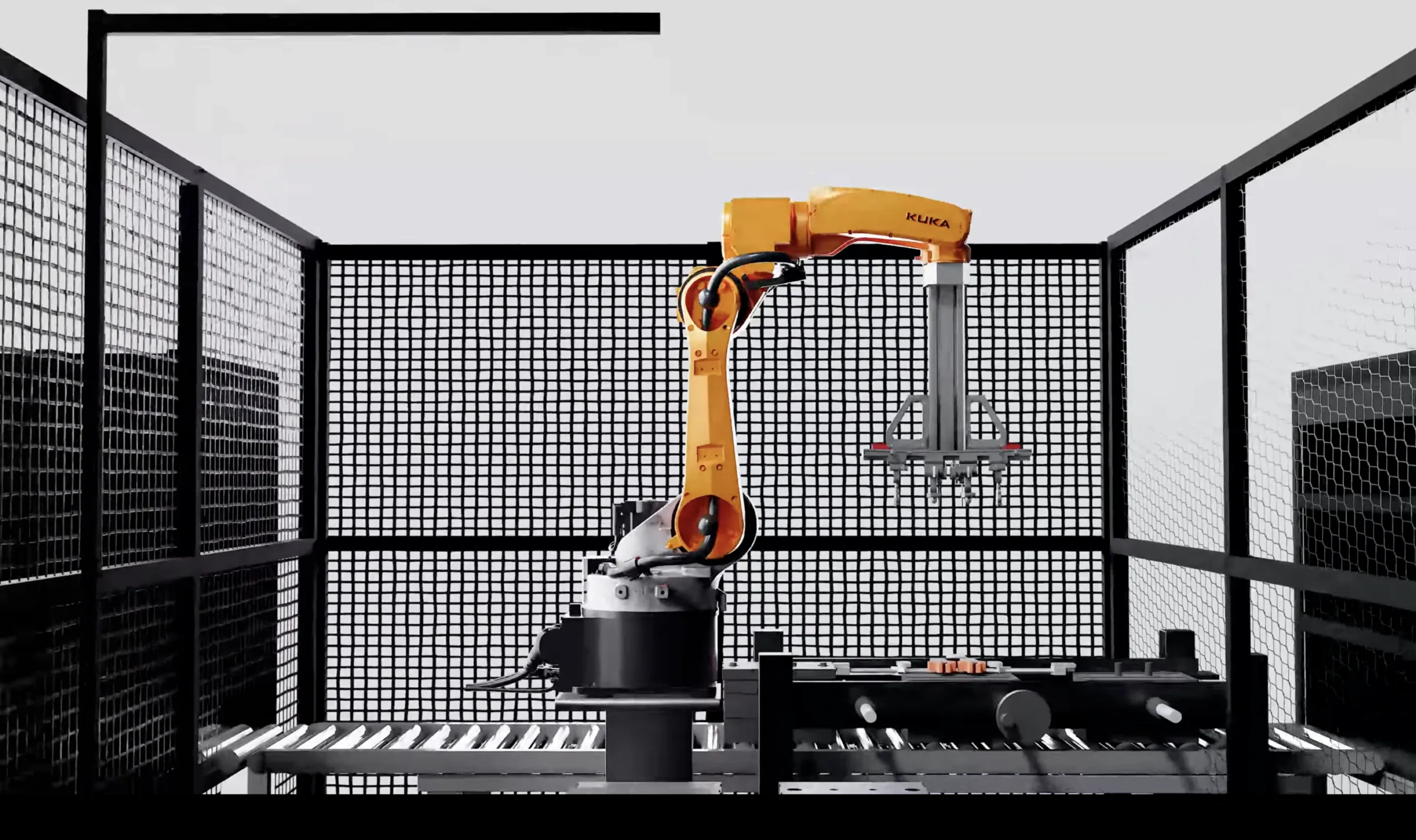 Industrial automation, made visible — a 3D product frame showing the robot, cell, and complete working environment.