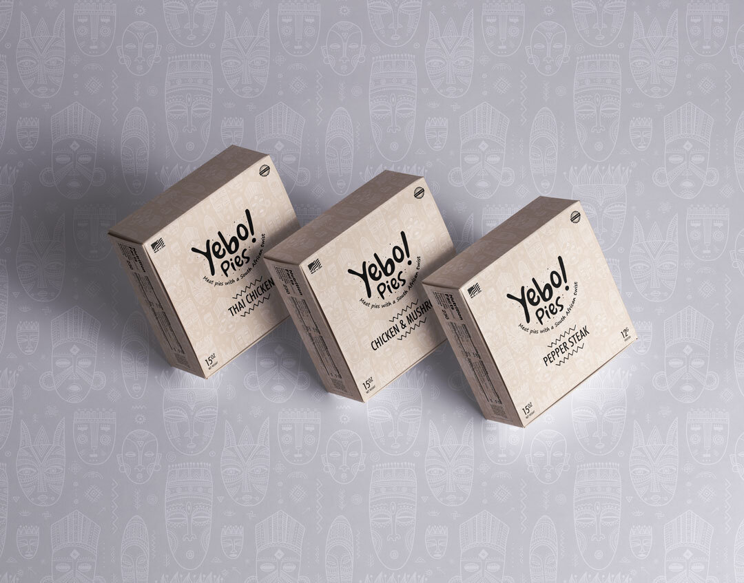 Three-flavor Yebo! Pies lineup in context, with Thai Chicken, Chicken and Mushroom, and Pepper Steak boxes against the ceremonial mask pattern background.